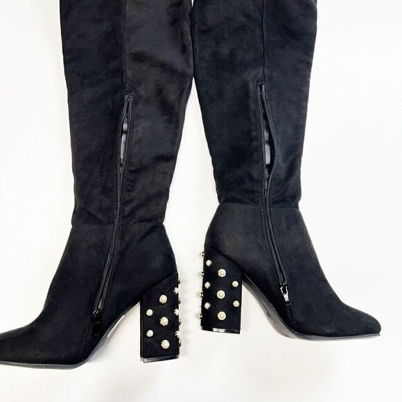 Koi Footwear Devoted Pearl Block Heel Over The Knee Boots In Black Faux Suede 5 - Picture 8 of 15